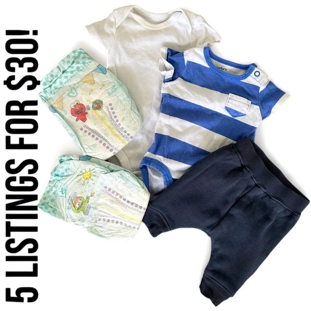 Newborn Carter’s Baby Boy matching outfit set clothes & two pampers diapers